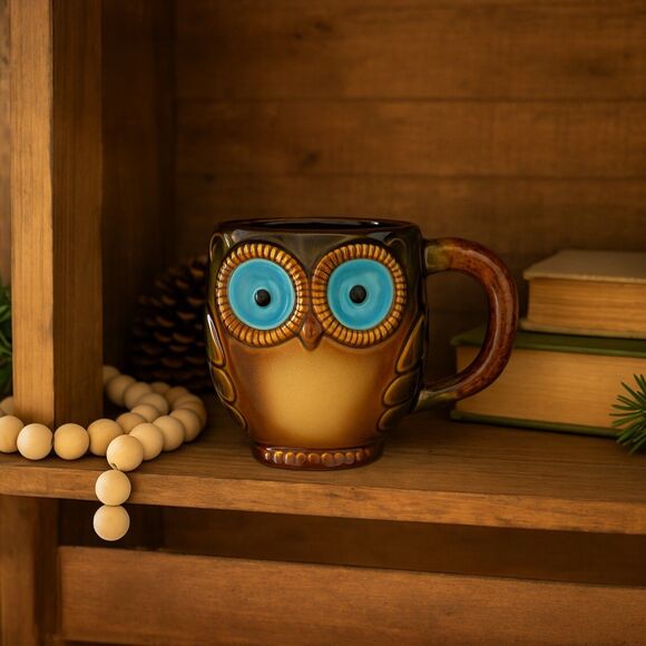 Gibson Home Owl Mug Handcrafted Stoneware Coffee Cup, Retro Rustic Brown & Blue - Picture 1 of 7